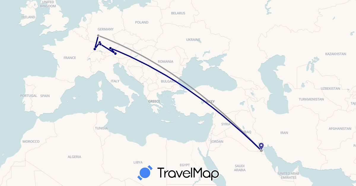 TravelMap itinerary: driving, plane in Austria, Germany, Kuwait (Asia, Europe)